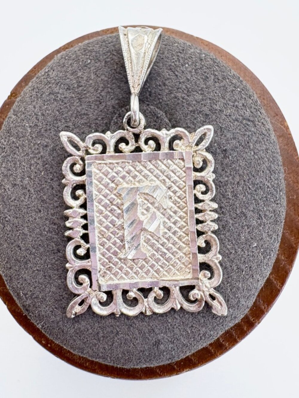Letter F Textured Scroll Border Initial Pendant 925 Sterling Silver 1.25" Length